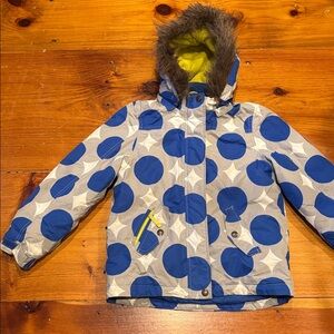 MINI BODEN 9-10 Blue Polka Dot Ski & Snowboarding Jacket Fur Hood Apron
